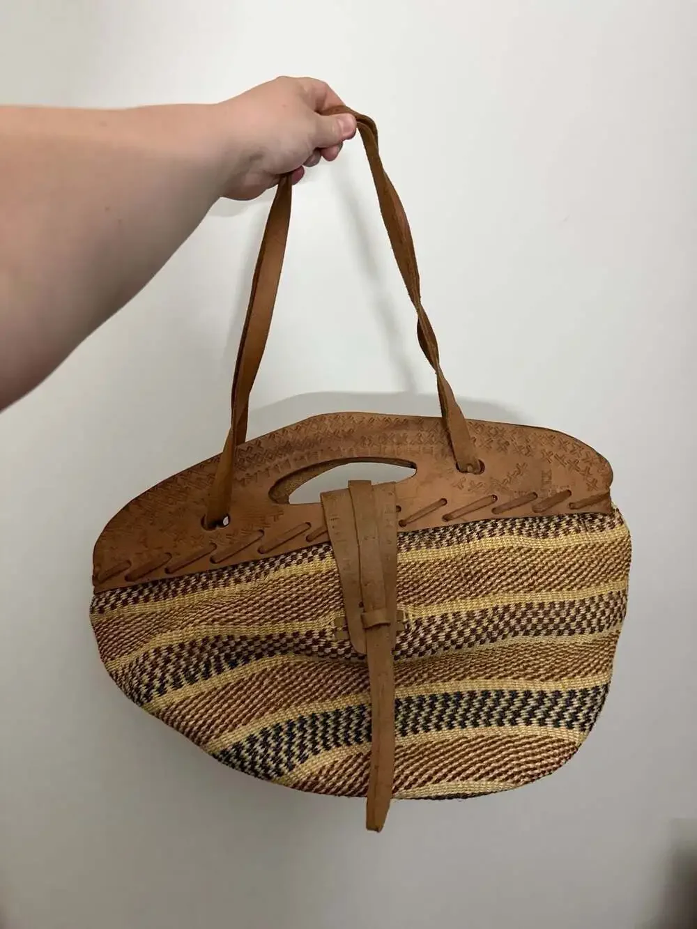 Vintage Handwoven Sisal and Tooled Leather Boho Market Tote Bag